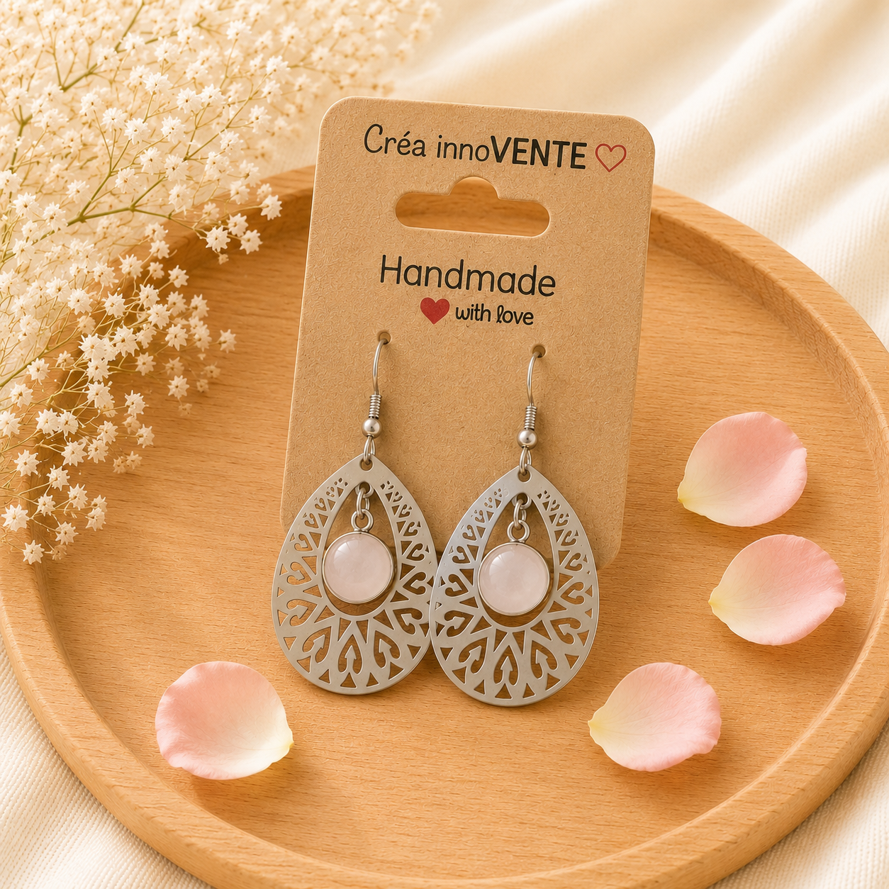 Boucles d'oreilles Quartz Rose Dentelle
