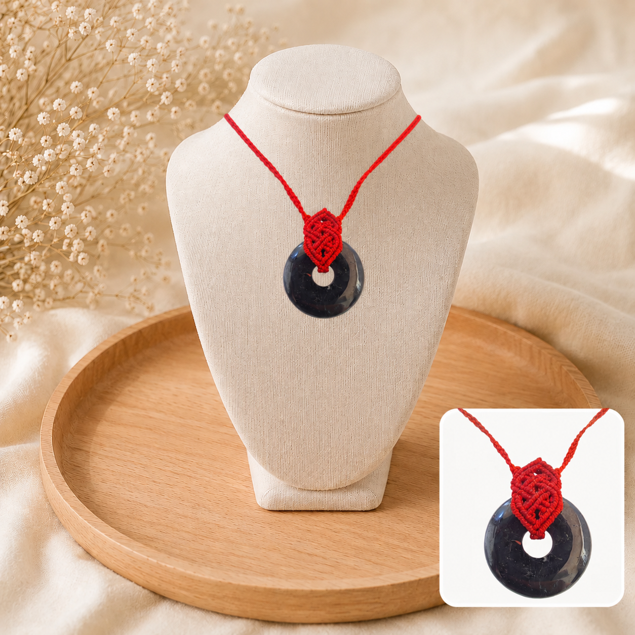 🤍 Collier Donut de Tourmaline Noire en Micro Macramé