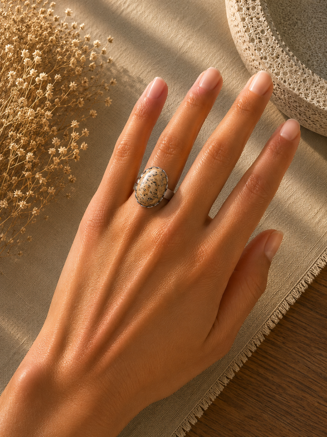 Bague Ovale Dentelée Jaspe Paysage