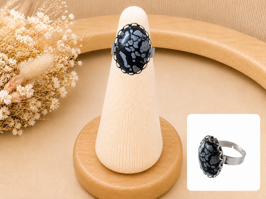 Bague Ovale Dentelée Obsidienne Flocon de Neige