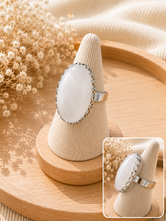 Bague Ovale Dentelée Quartz Rose Grand Modèle