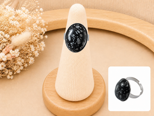 Bague Ovale Classique Obsidienne Flocon de Neige