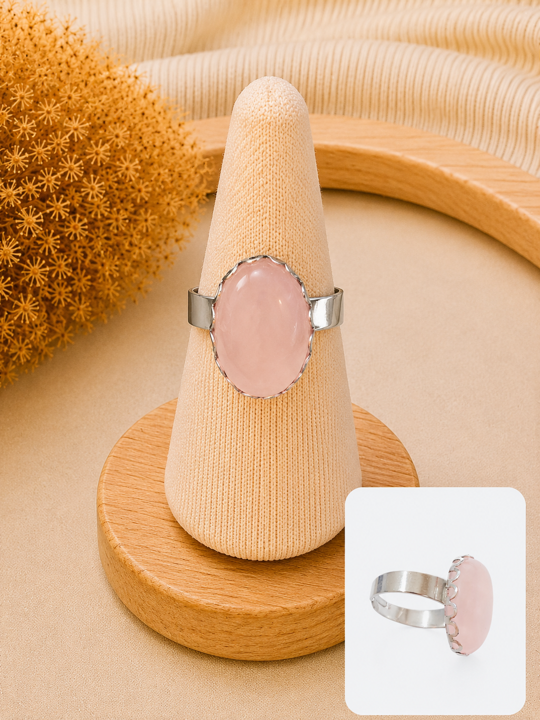 Bague Ovale Dentelée Quartz Rose