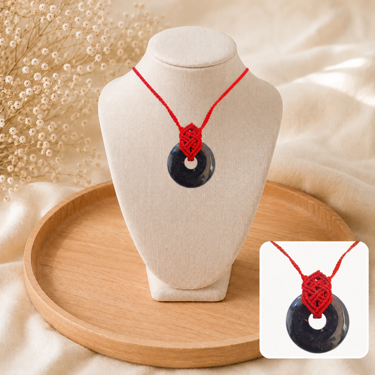 🤍 Collier Donut de Tourmaline Noire en Micro Macramé