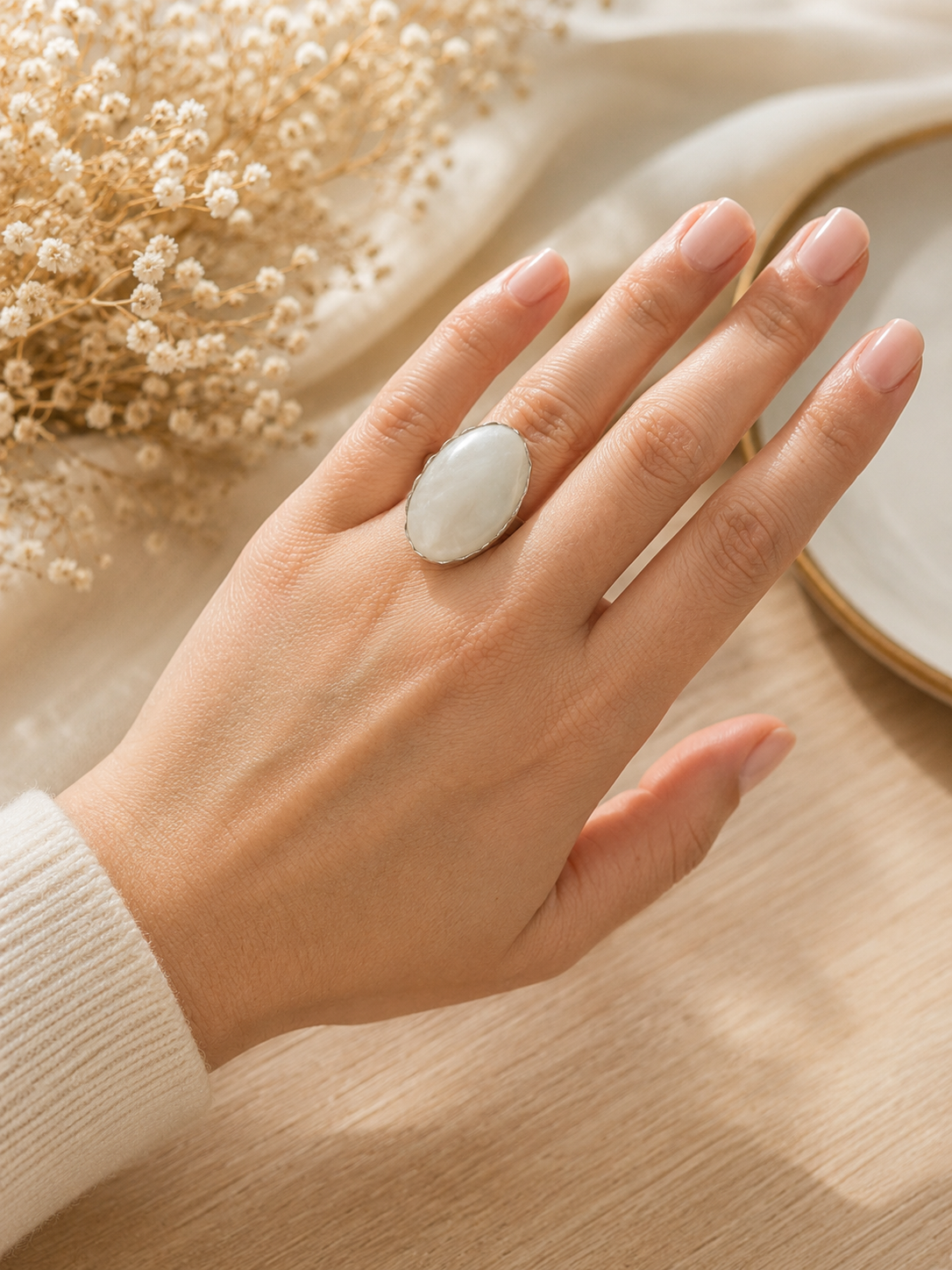 Bague Ovale Dentelée Quartz Rose Grand Modèle